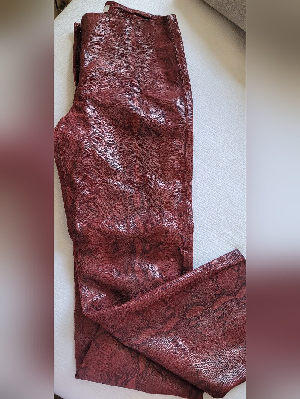 Burgundy Snake-Print Leather Pants